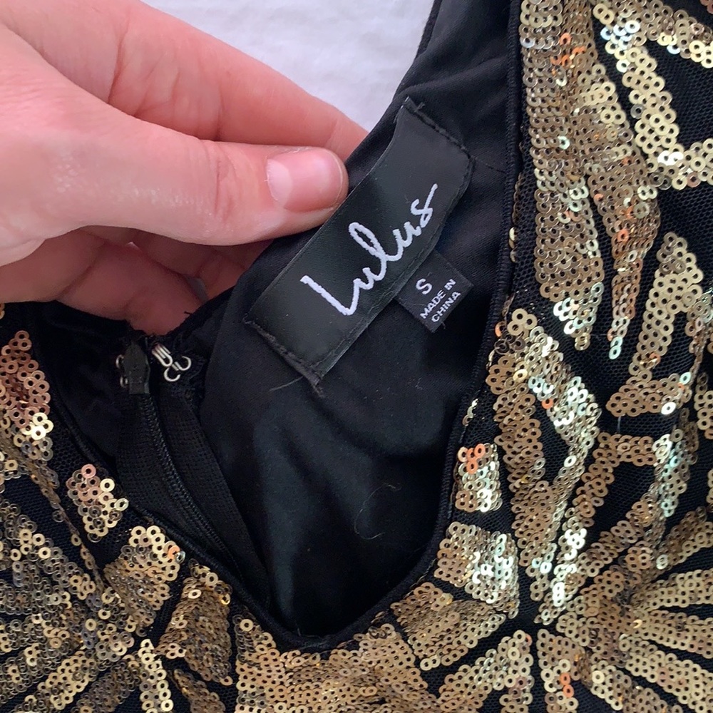 BOGO Lulus Elegant Affair Black & Gold Sequin Print Bodycon Dress - Picture 5 of 6